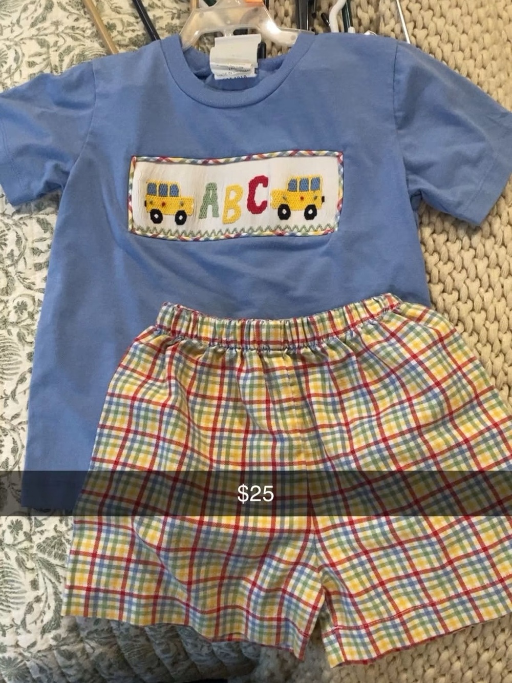 Southern Taters Blue ABC School Bus Smocked Tee with Plaid Shorts Set
